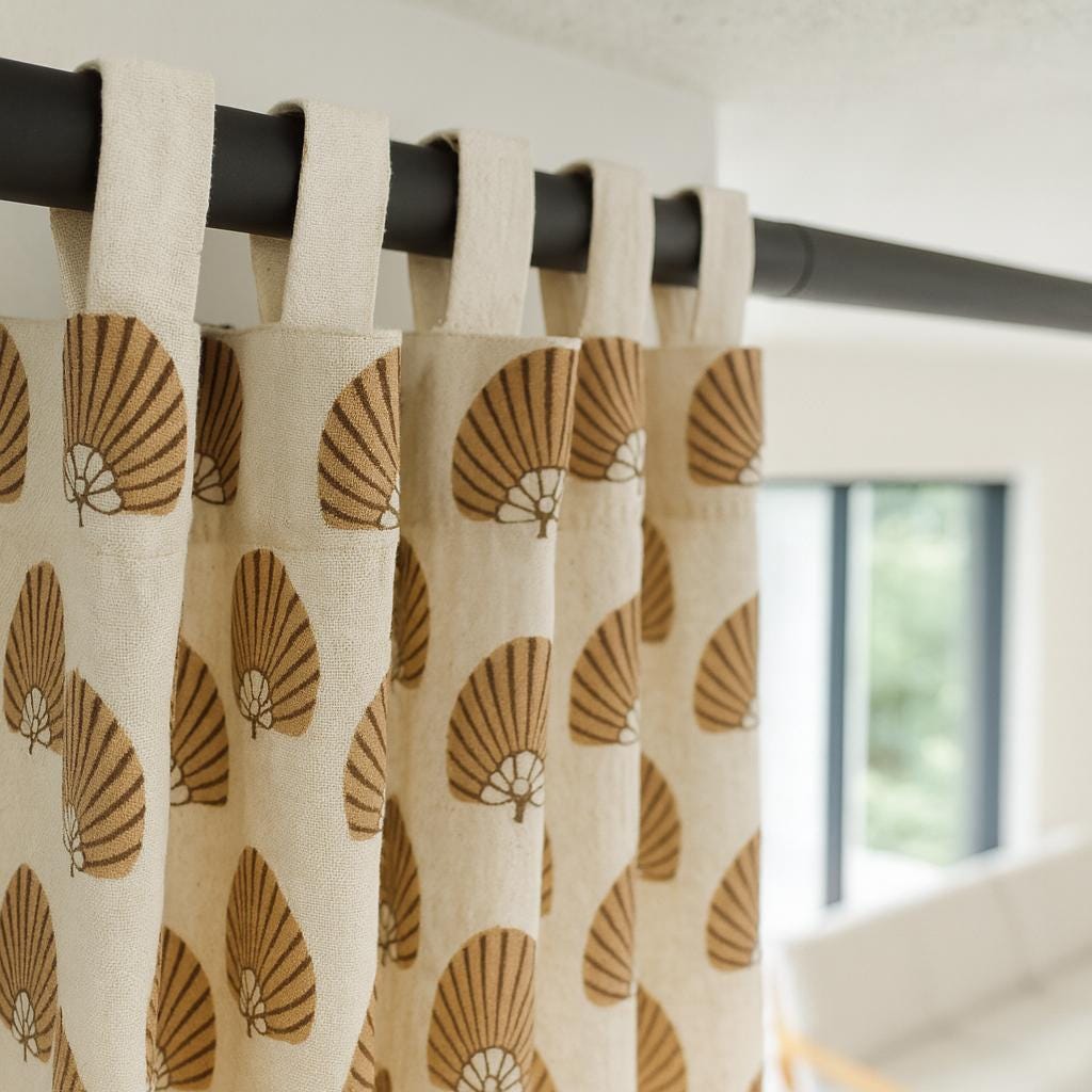 Coastal Organic Cotton Curtains, Ivory & Tan Seashell Print (Custom Sizes) — image 1