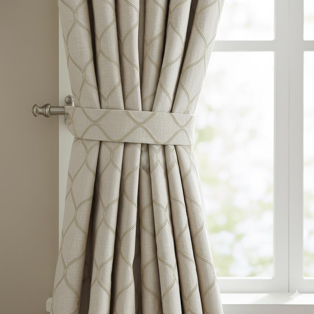 Organic Linen Curtains: Beige Flax Lattice Embroidery, Blackout Liner — image 3