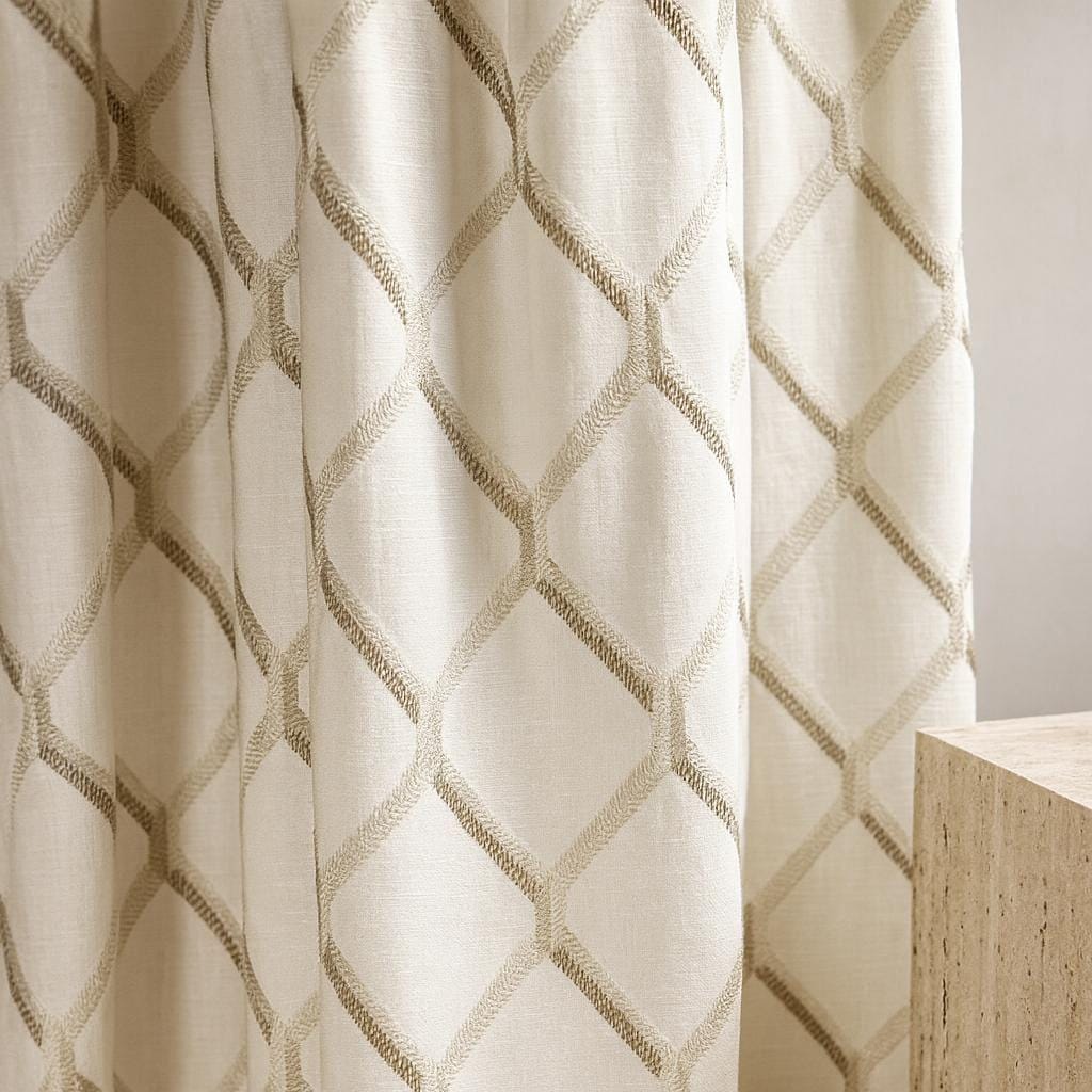 Embroidered Linen Curtains - Ivory and Taupe Diamond Pattern — image 1