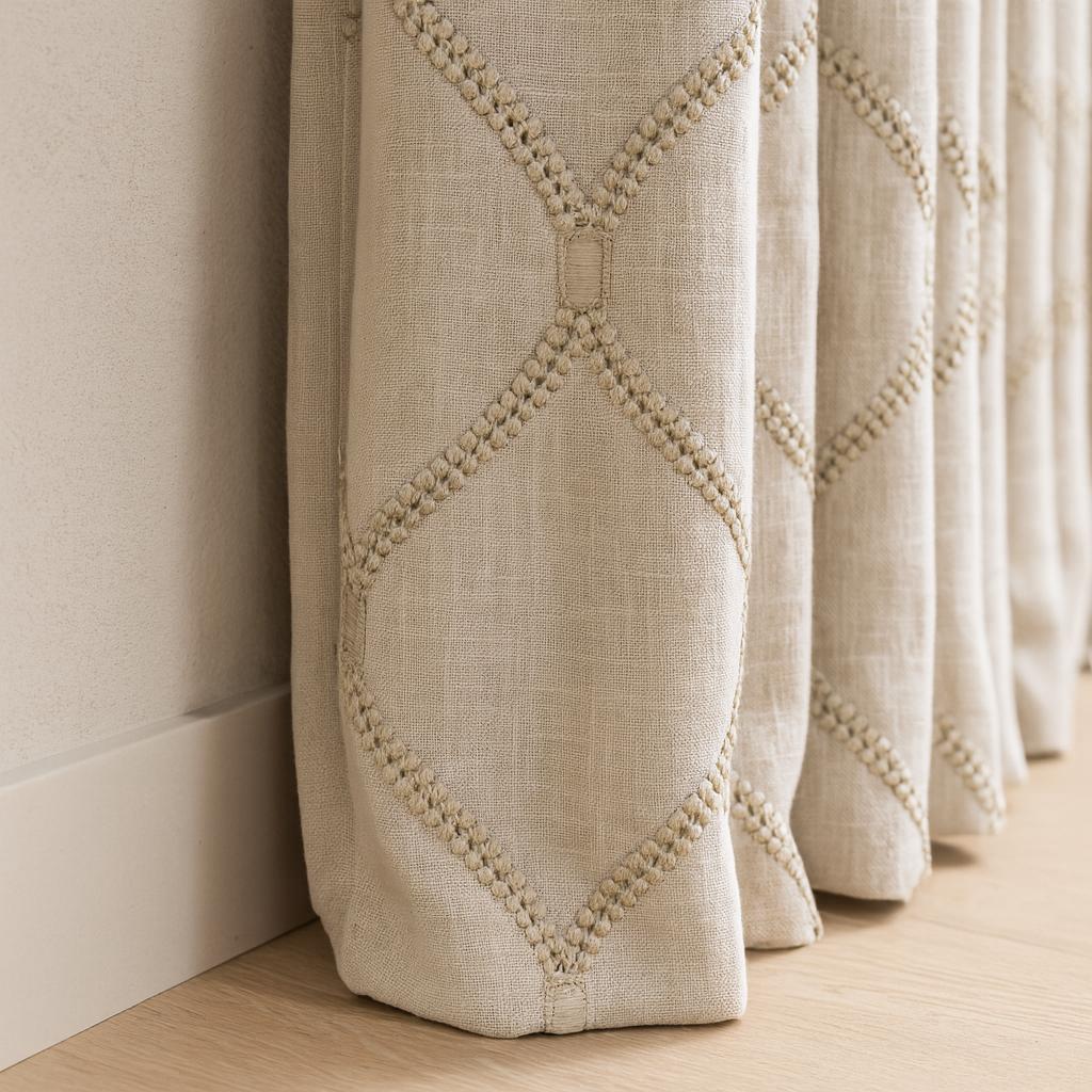 Organic Linen Curtains: Beige Flax Lattice Embroidery, Blackout Liner — image 1