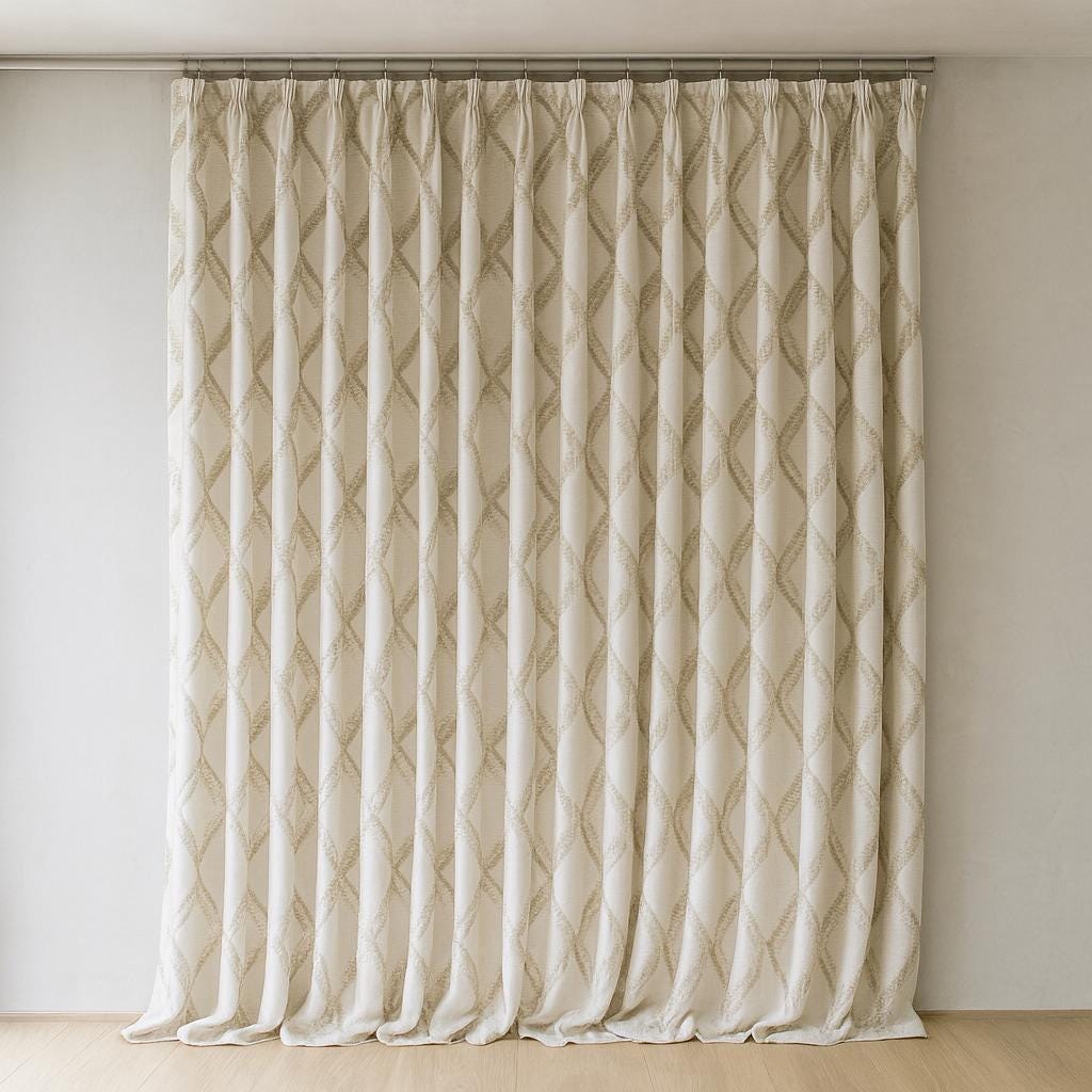 Embroidered Linen Curtains - Ivory and Taupe Diamond Pattern — image 2