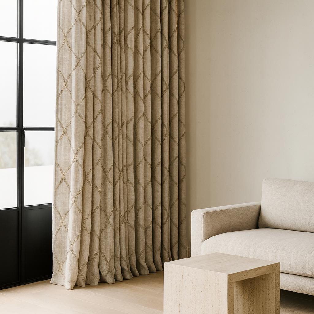Organic Linen Curtains: Beige Flax Lattice Embroidery, Blackout Liner — image 4