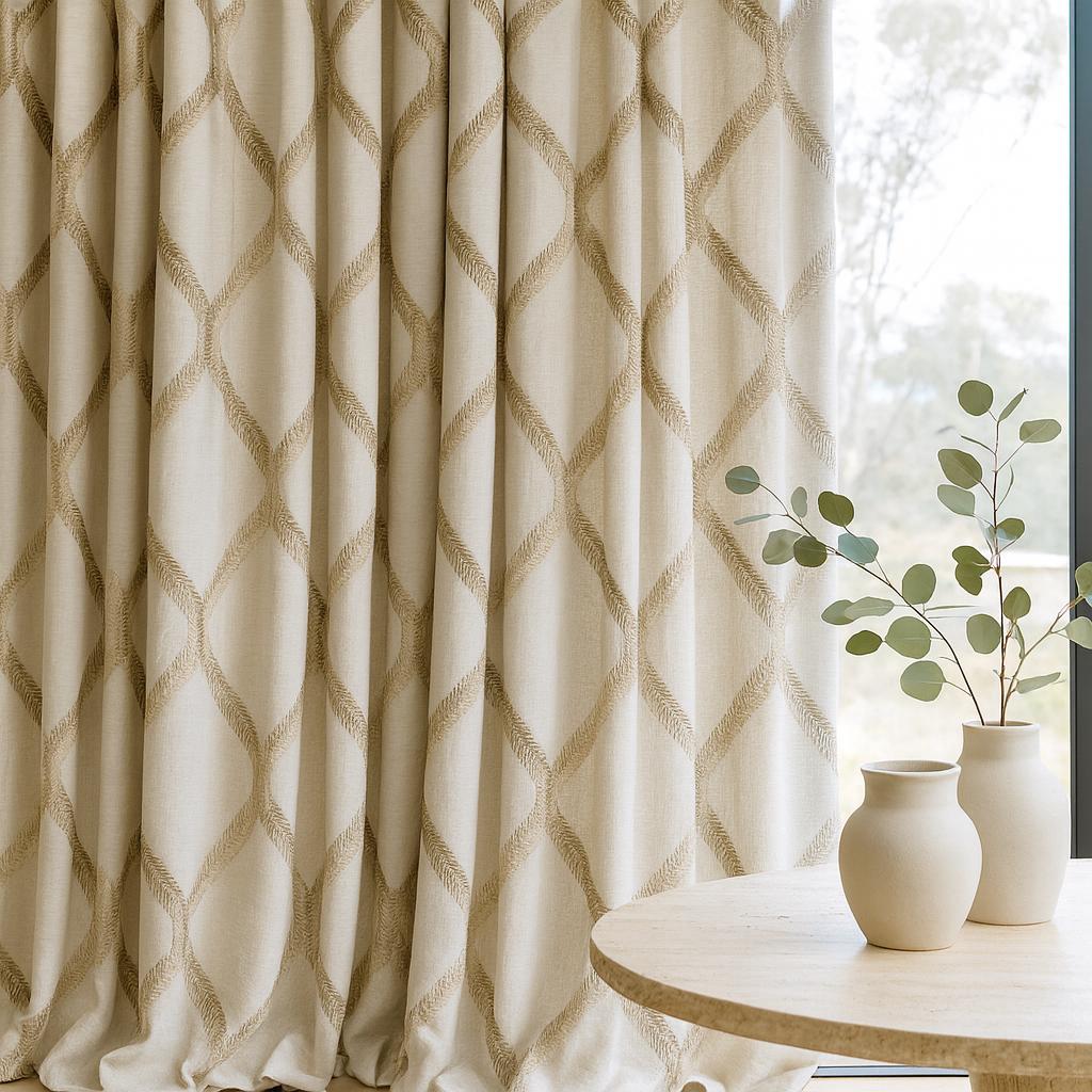 Embroidered Linen Curtains - Ivory and Taupe Diamond Pattern — image 3