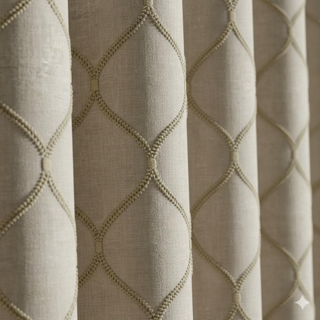 Organic Linen Curtains: Beige Flax Lattice Embroidery, Blackout Liner — image 1