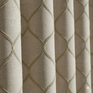 Organic Linen Curtains: Beige Flax Lattice Embroidery, Blackout Liner — image 1