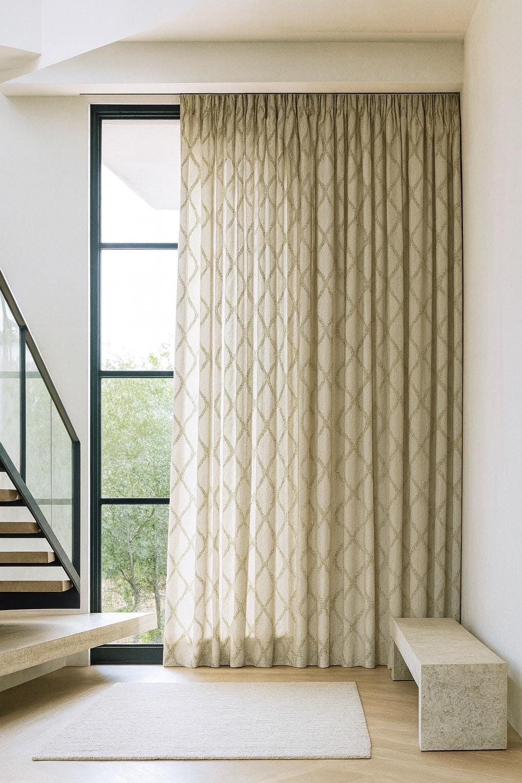 Organic Linen Curtains: Beige Flax Lattice Embroidery, Blackout Liner — image 5