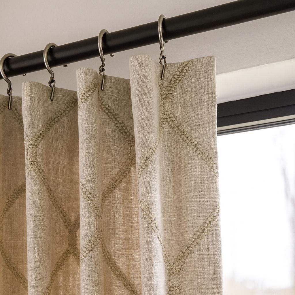 Organic Linen Curtains: Beige Flax Lattice Embroidery, Blackout Liner — image 6
