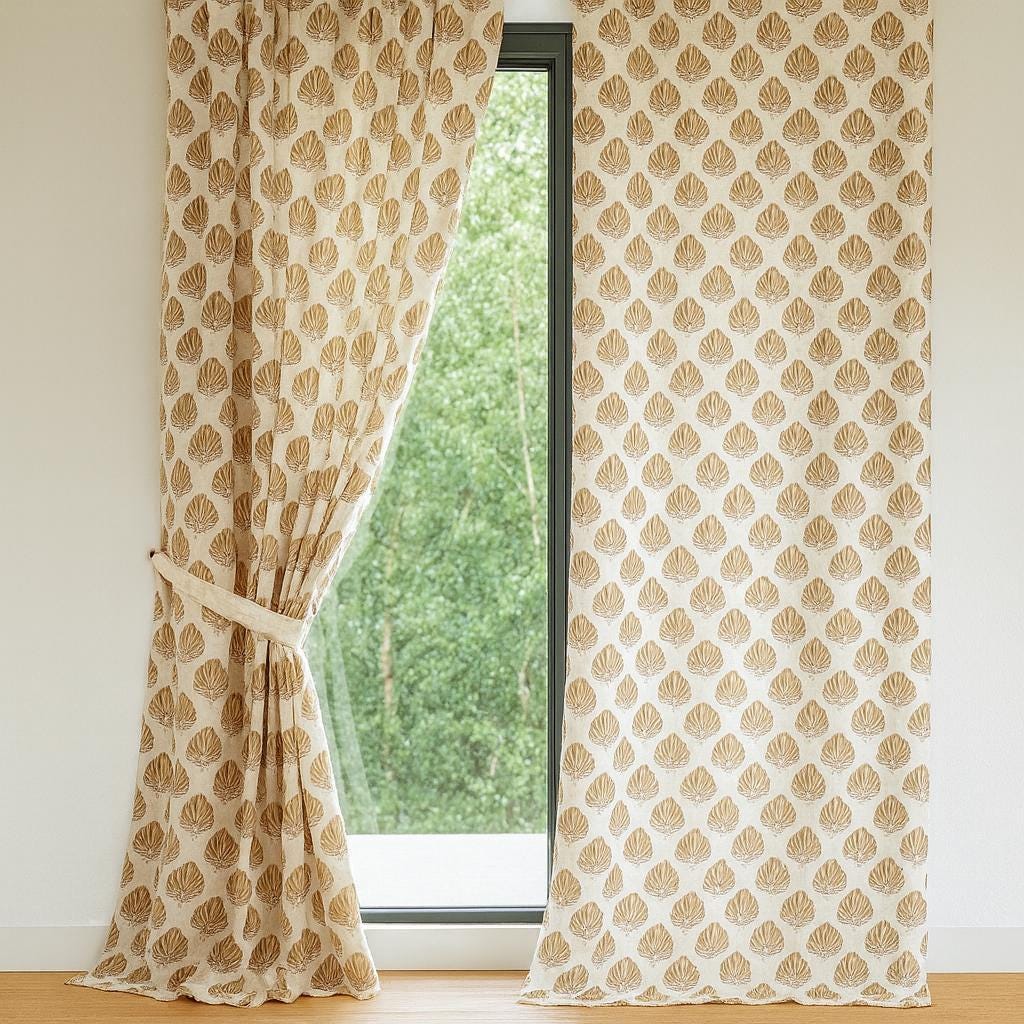 Coastal Organic Cotton Curtains, Ivory & Tan Seashell Print (Custom Sizes) — image 6