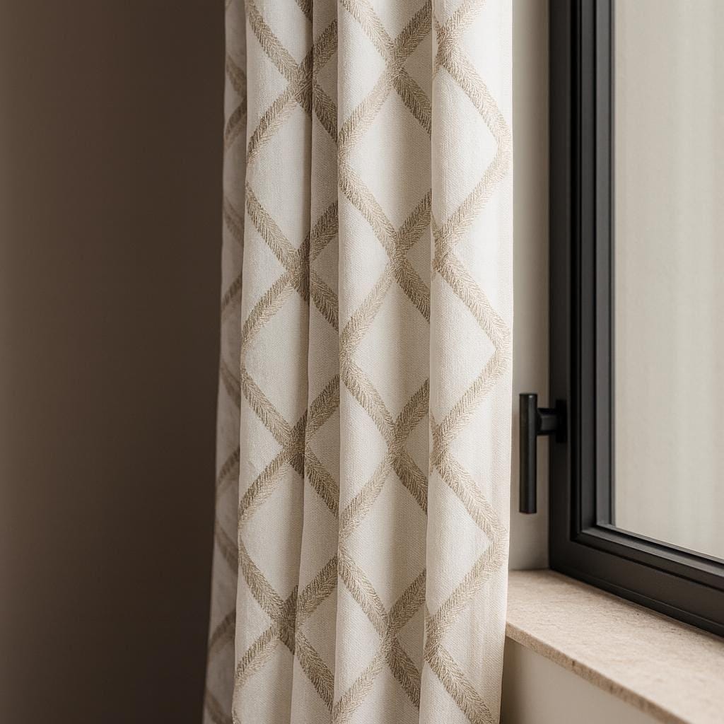 Embroidered Linen Curtains - Ivory and Taupe Diamond Pattern — image 6