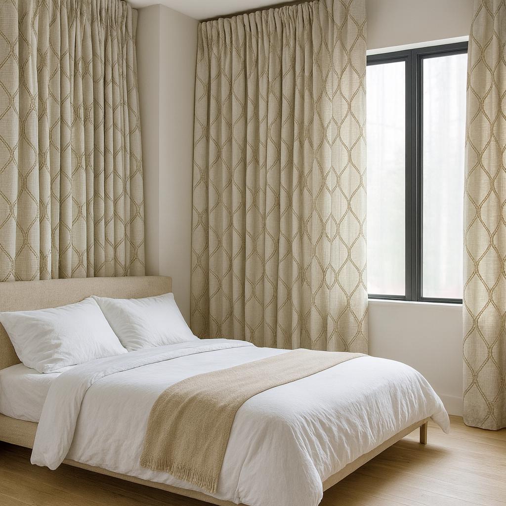 Organic Linen Curtains: Beige Flax Lattice Embroidery, Blackout Liner — image 8