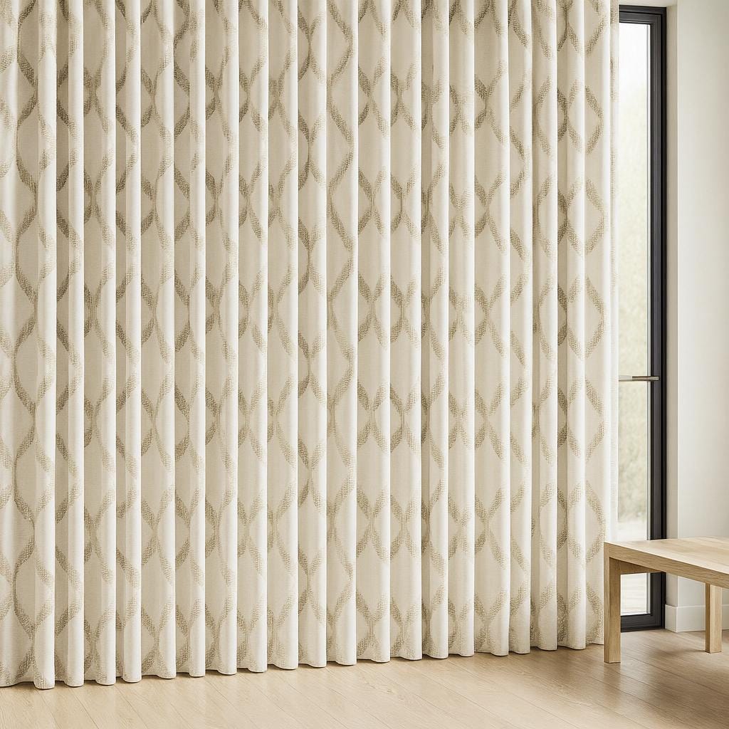 Embroidered Linen Curtains - Ivory and Taupe Diamond Pattern — image 7