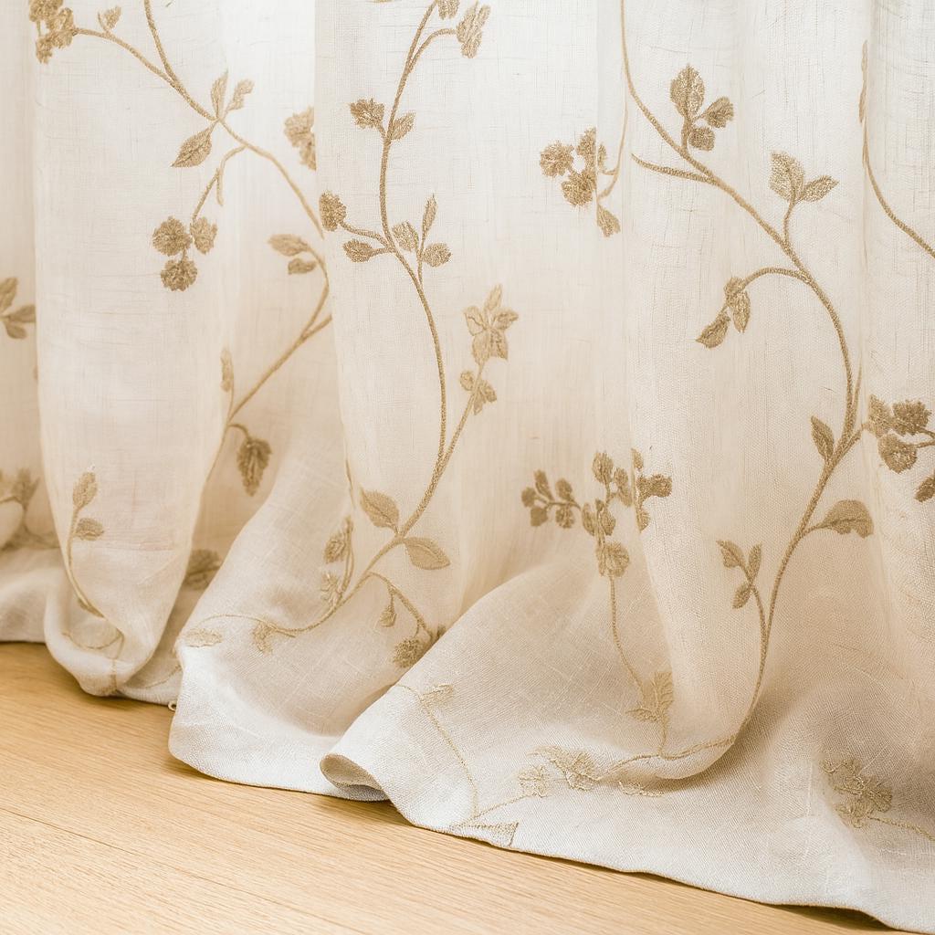 Sheer Linen Curtains: Flax Floral Embroidery (Hooks, Grommet, Rod Pocket) — image 1