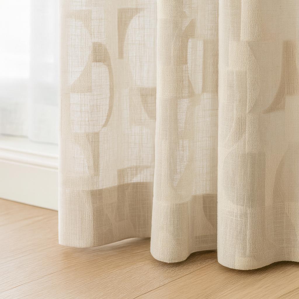 Embroidered Linen Sheer Curtain: Beige Geometric Design on Ivory — image 1