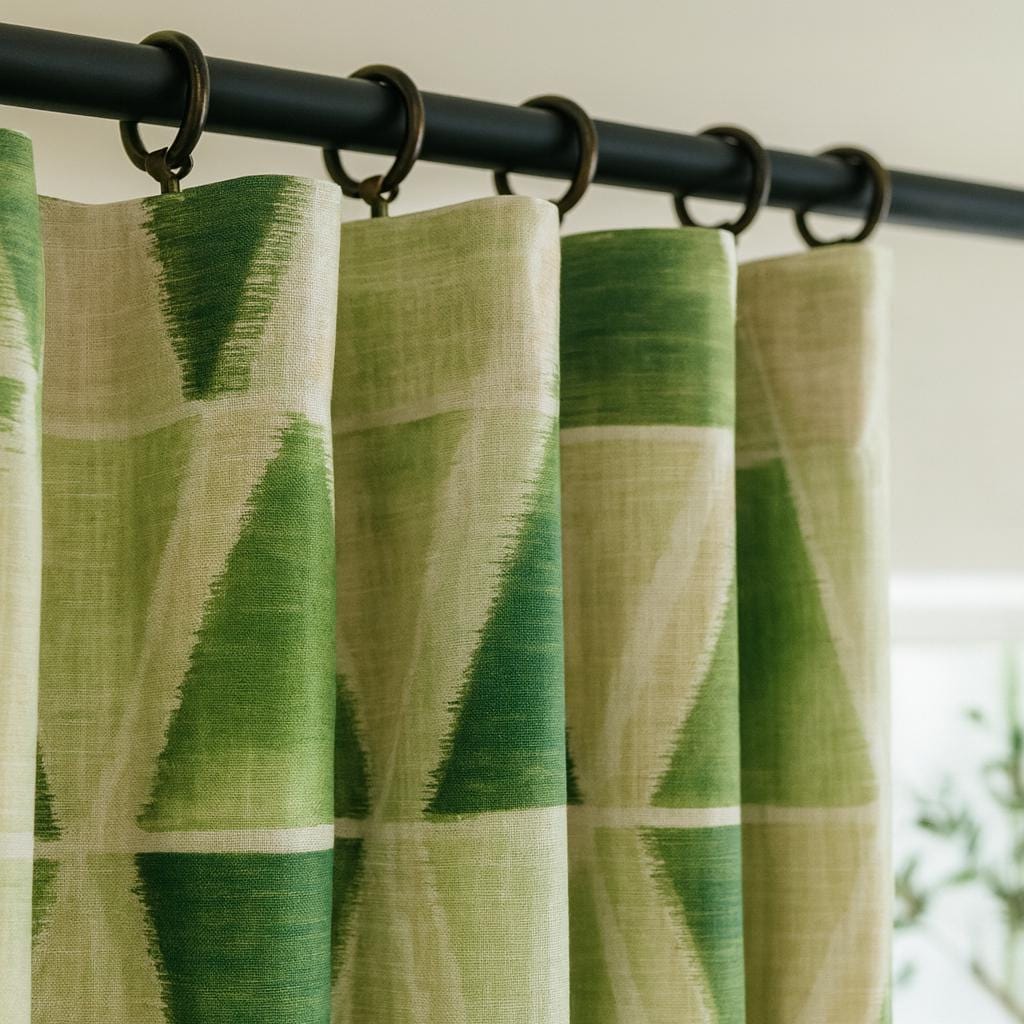 Geometric Green Linen Curtains - Custom Lengths, Light or Blackout Liner — image 1