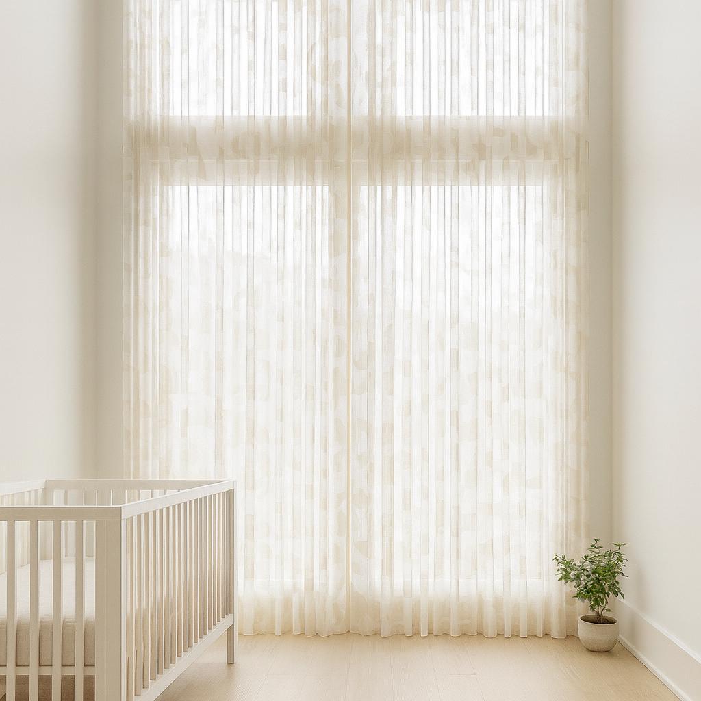 Embroidered Linen Sheer Curtain: Beige Geometric Design on Ivory — image 1