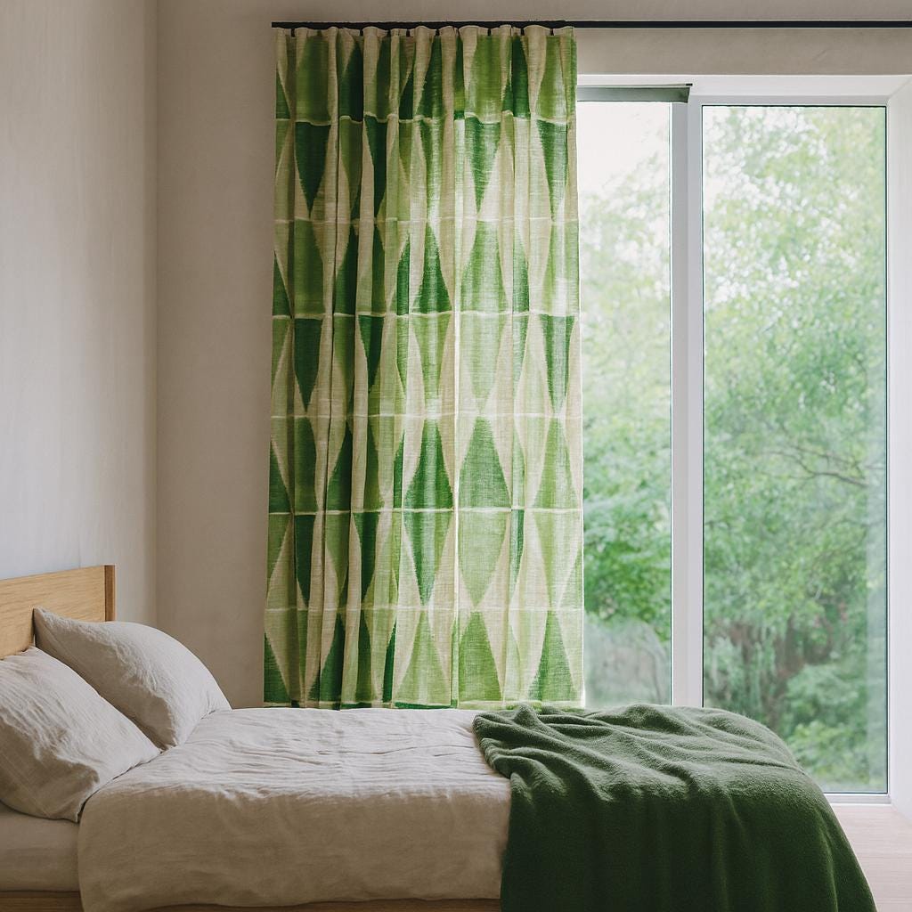Geometric Green Linen Curtains - Custom Lengths, Light or Blackout Liner — image 3