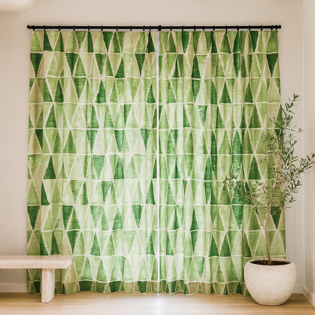 Geometric Green Linen Curtains - Custom Lengths, Light or Blackout Liner — image 6