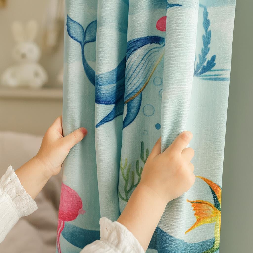 Organic Linen Aqua Curtains - Sea Life Print with Whale and Jellyfish — image 1