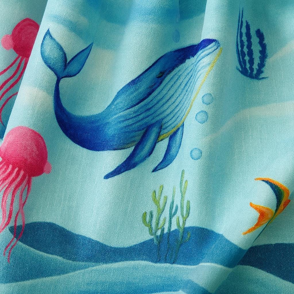 Organic Linen Aqua Curtains - Sea Life Print with Whale and Jellyfish — image 2