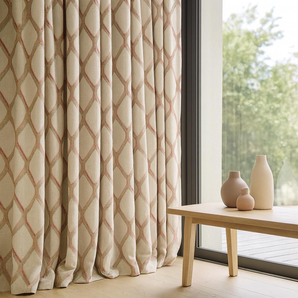 Organic Linen Curtains: Blush-Rose & Taupe Lattice on Soft White — image 1