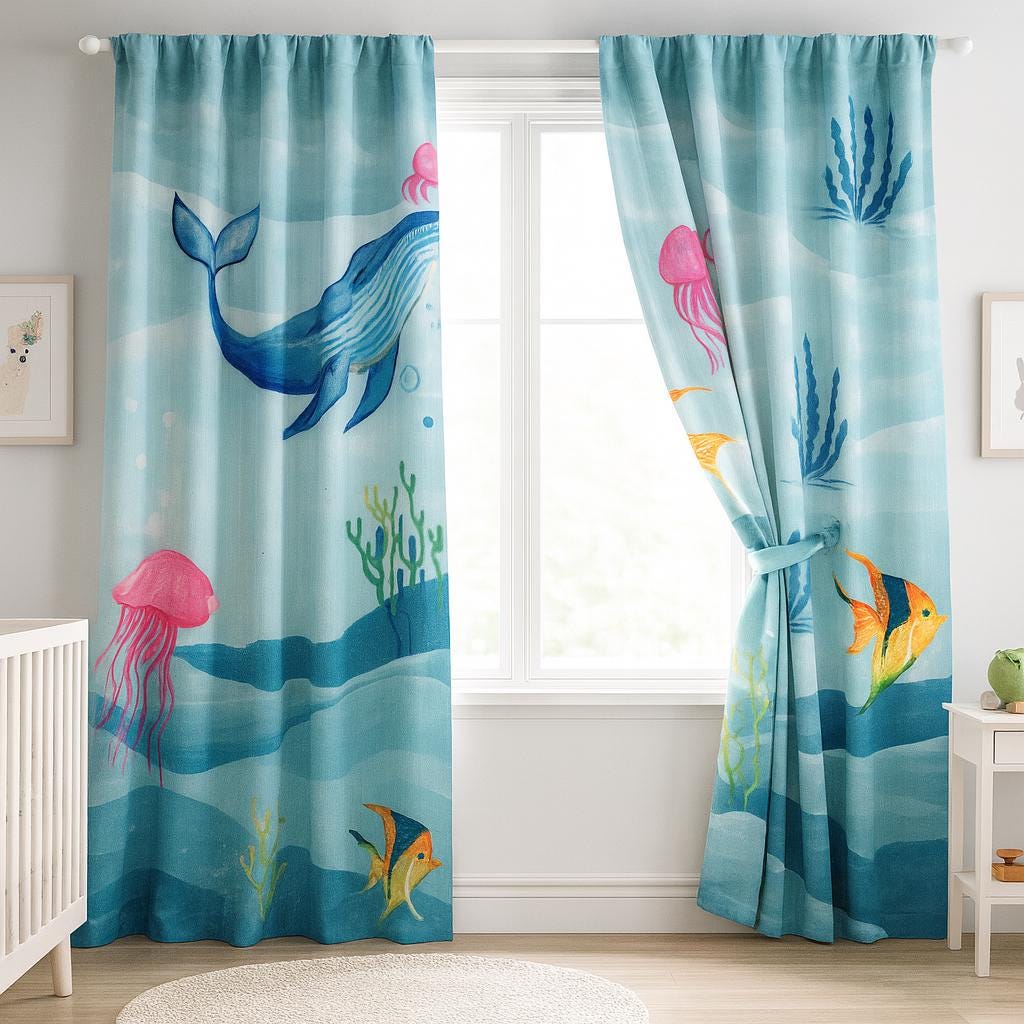 Organic Linen Aqua Curtains - Sea Life Print with Whale and Jellyfish — image 3