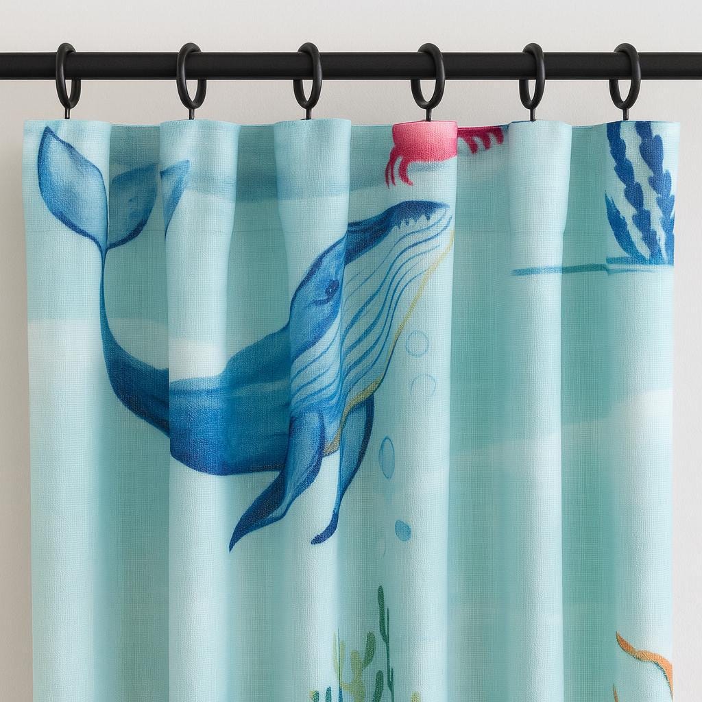 Organic Linen Aqua Curtains - Sea Life Print with Whale and Jellyfish — image 4