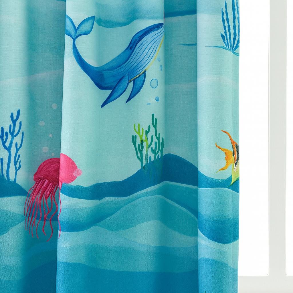 Organic Linen Aqua Curtains - Sea Life Print with Whale and Jellyfish — image 5