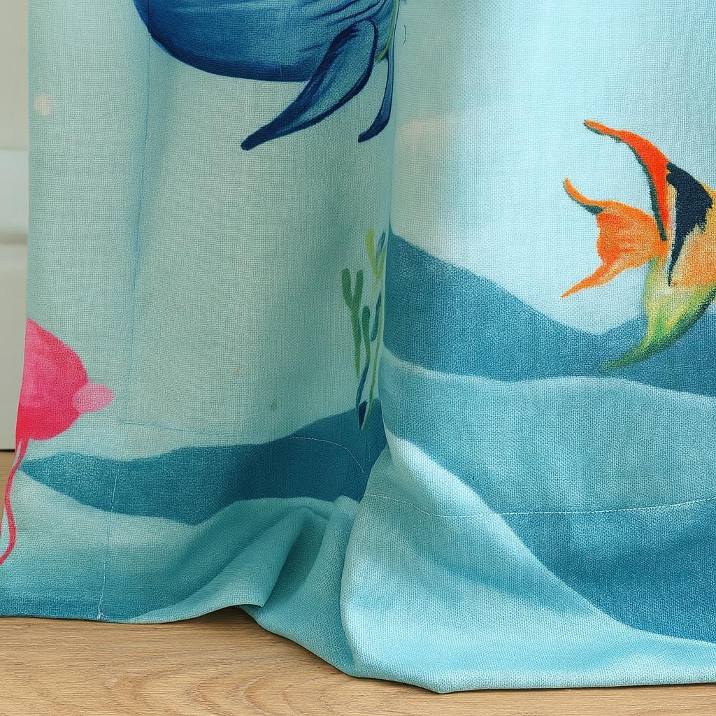 Organic Linen Aqua Curtains - Sea Life Print with Whale and Jellyfish — image 7