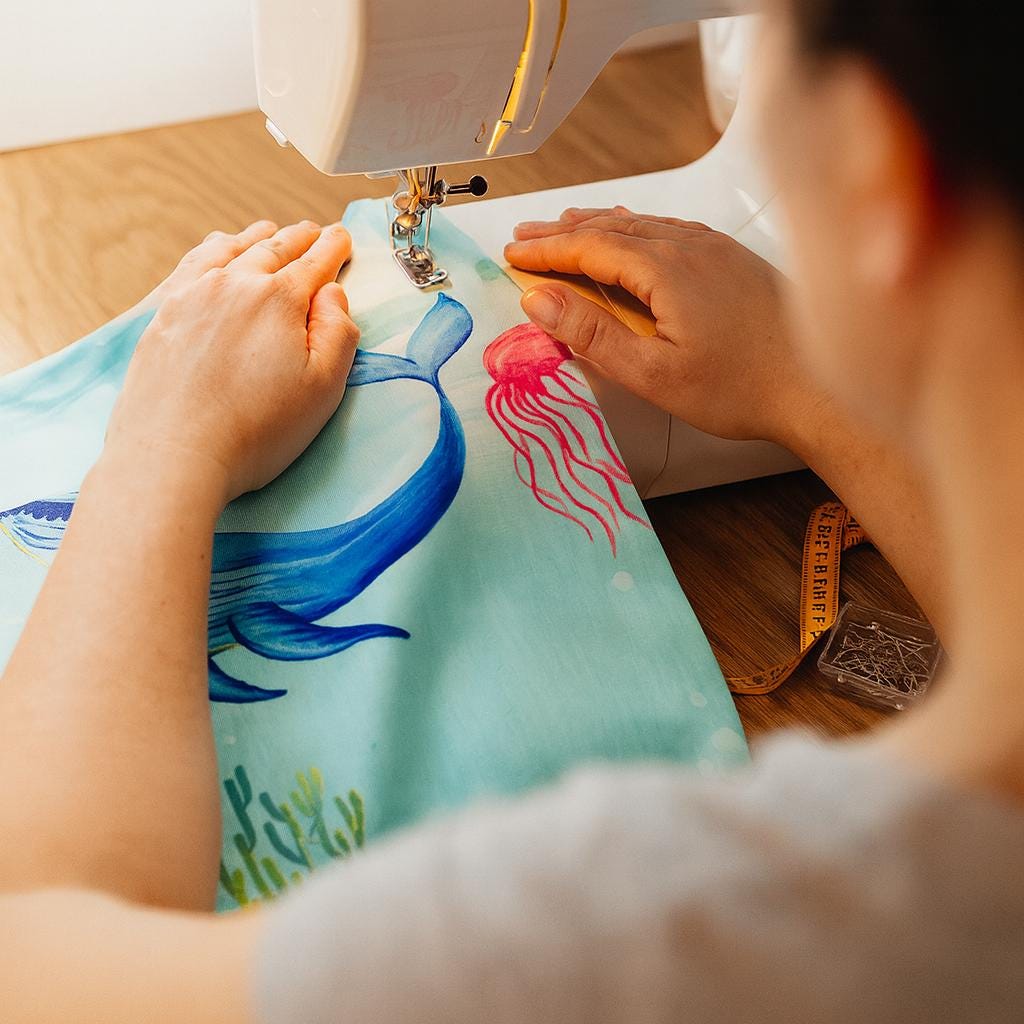 Organic Linen Aqua Curtains - Sea Life Print with Whale and Jellyfish — image 8