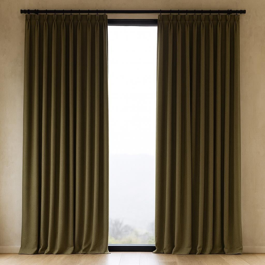 Olive Green Linen Curtains, Herringbone Texture, Pinch Pleat (Custom Width & Length) — image 3