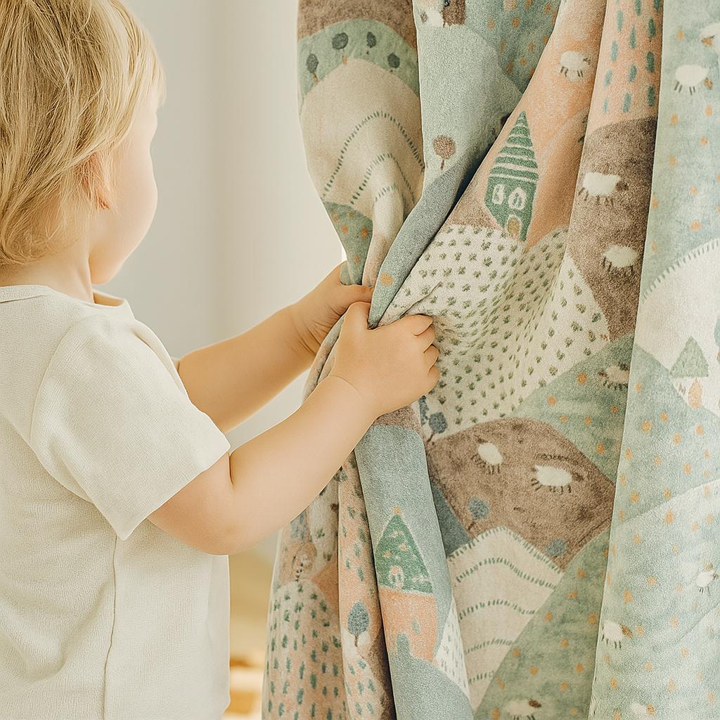 Pastel Hill & Sheep Cotton Velvet Curtains (Blackout or Light-Filtering, Custom Size) — image 1