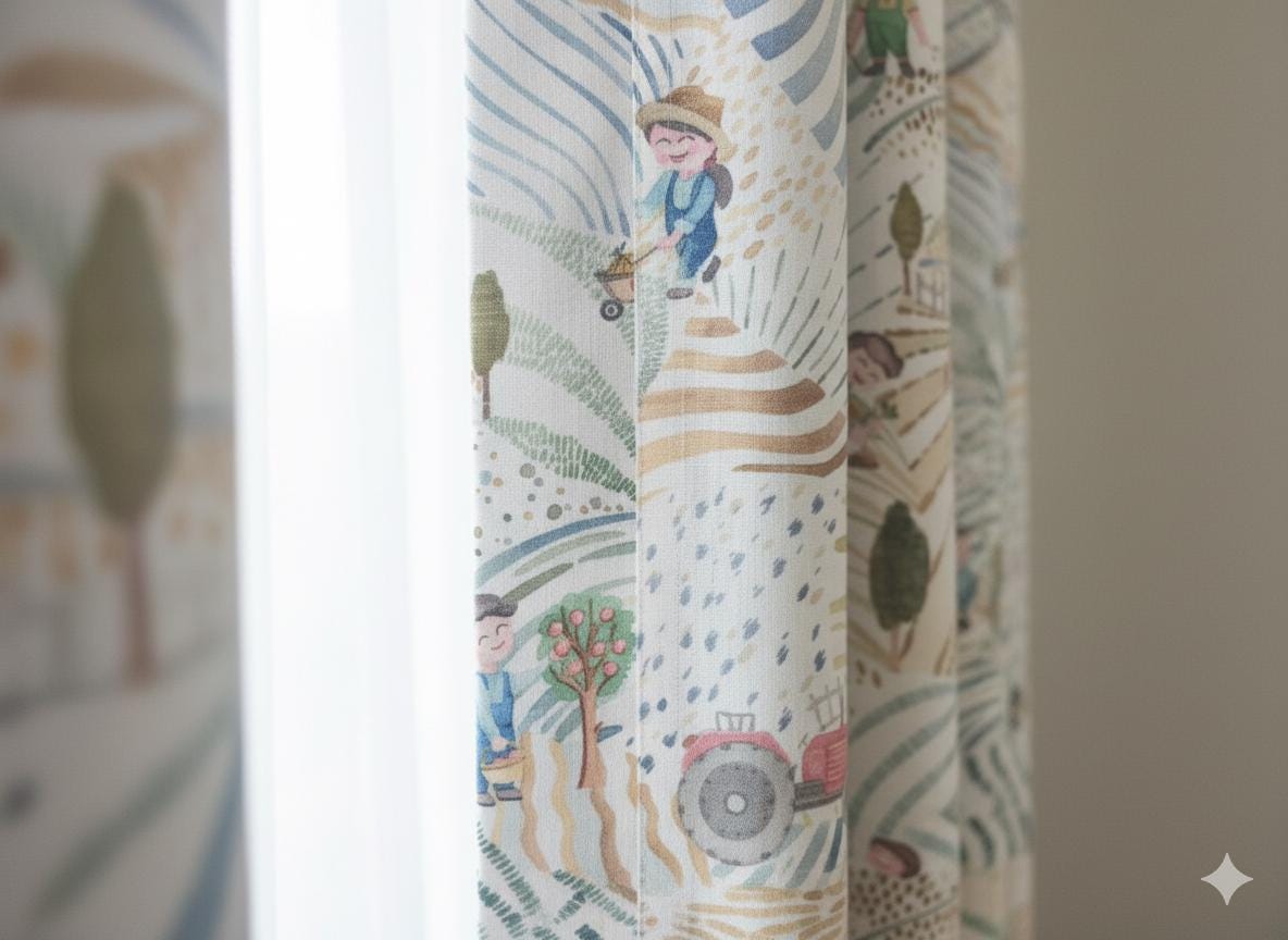 Farm-Scene Linen Curtains: Ivory, Sage & Sky for Kids’ Rooms — image 3