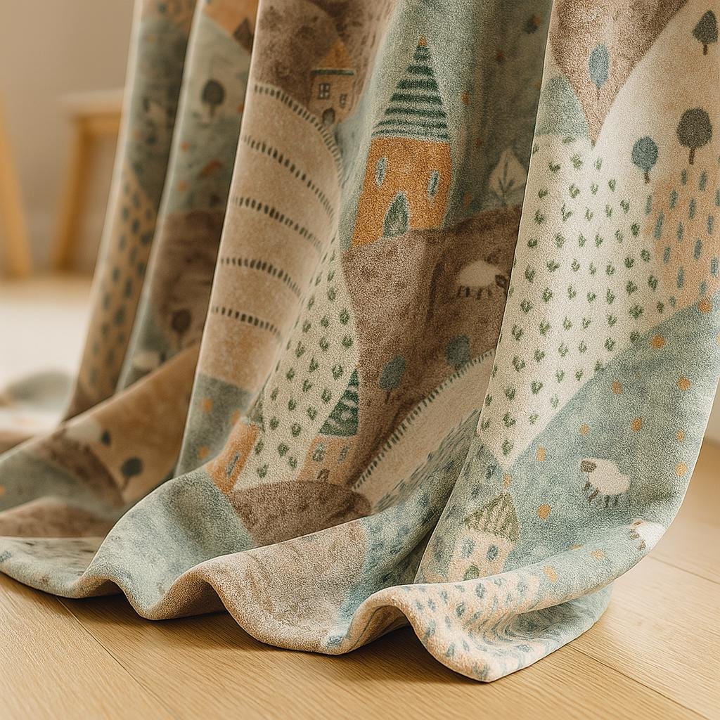 Pastel Hill & Sheep Cotton Velvet Curtains (Blackout or Light-Filtering, Custom Size) — image 1