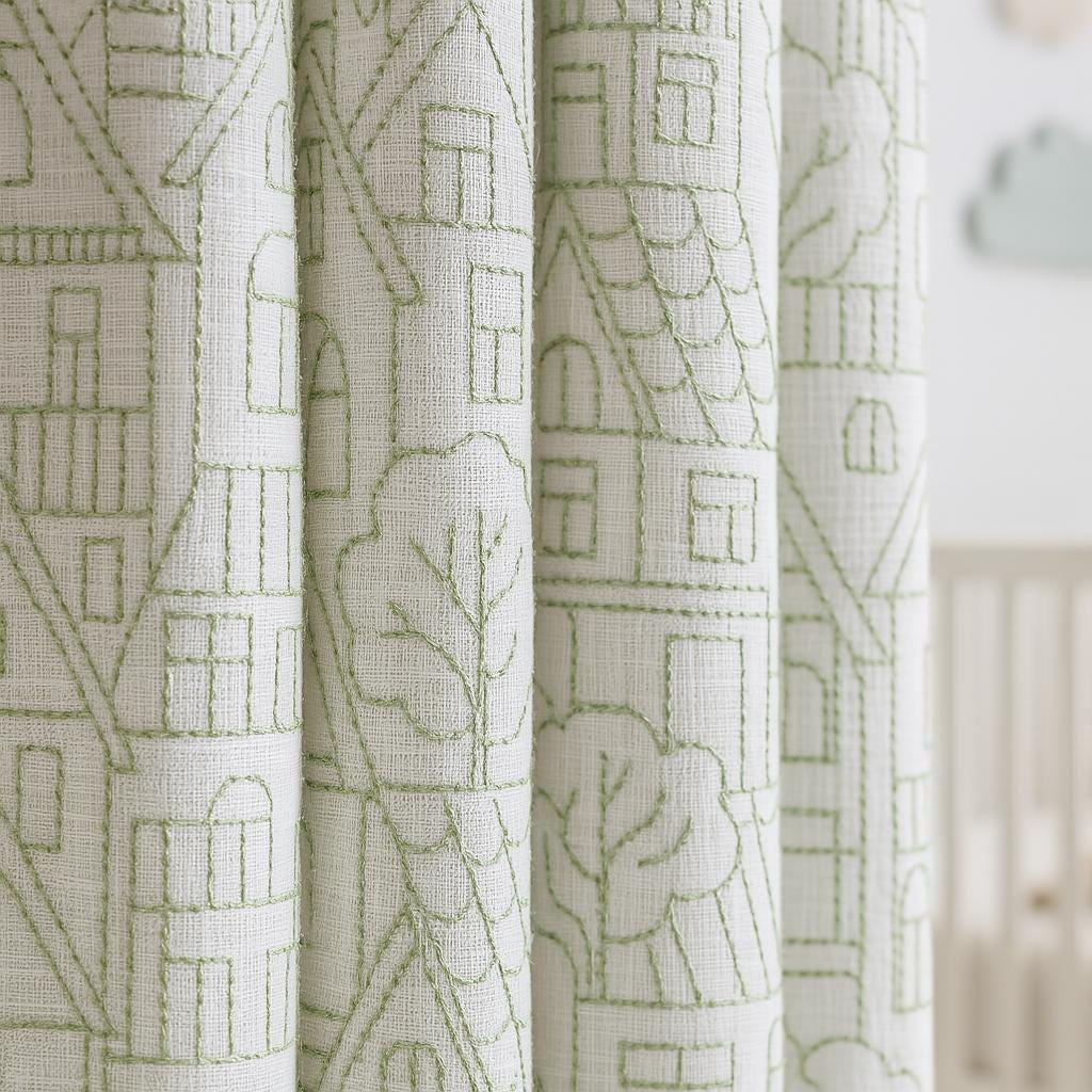 Embroidered Linen Curtains: White with Green Houses and Trees — image 3