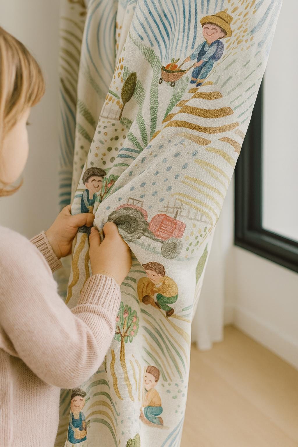Farm-Scene Linen Curtains: Ivory, Sage & Sky for Kids’ Rooms — image 5