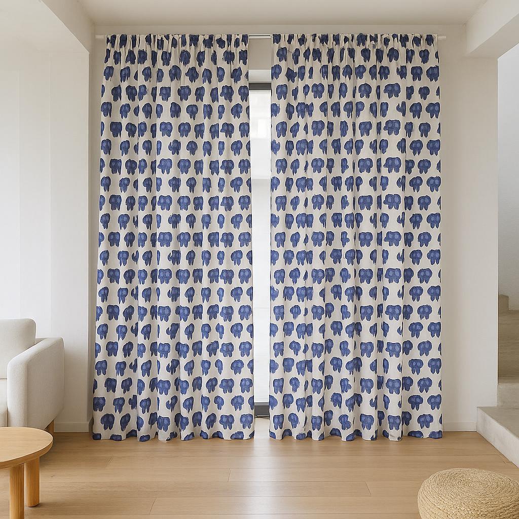 Hand Block Printed Elephant Curtains - Organic Cotton, Indigo Blue — image 5