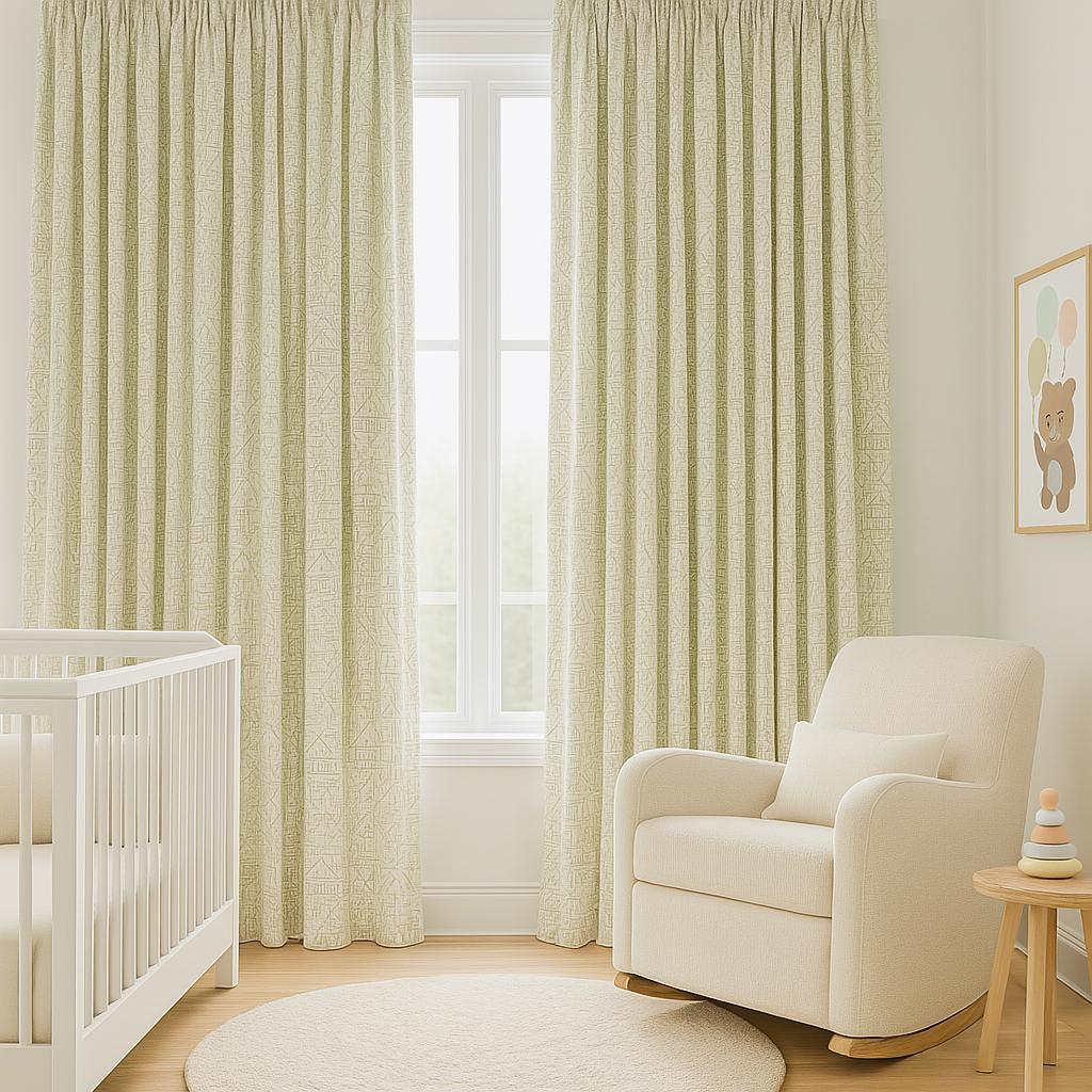 Embroidered Linen Curtains: White with Green Houses and Trees — image 5