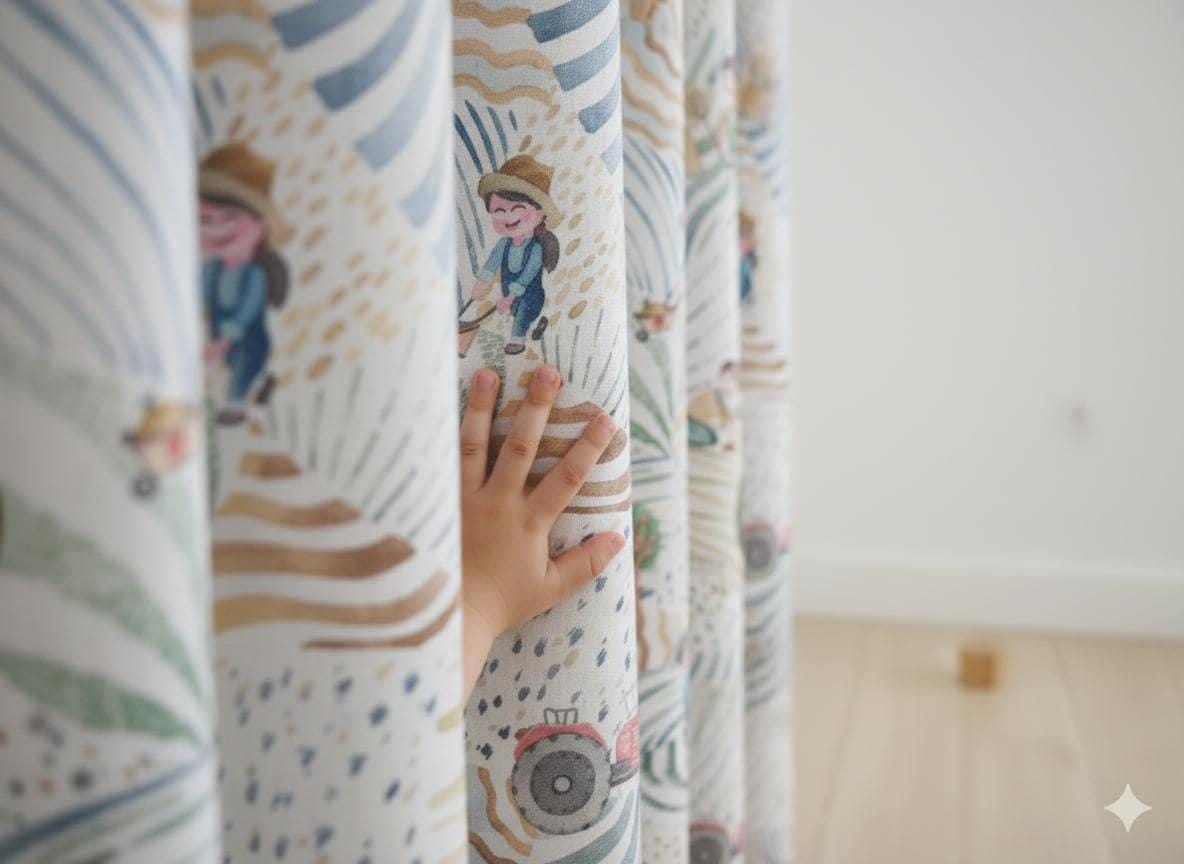 Farm-Scene Linen Curtains: Ivory, Sage & Sky for Kids’ Rooms — image 7