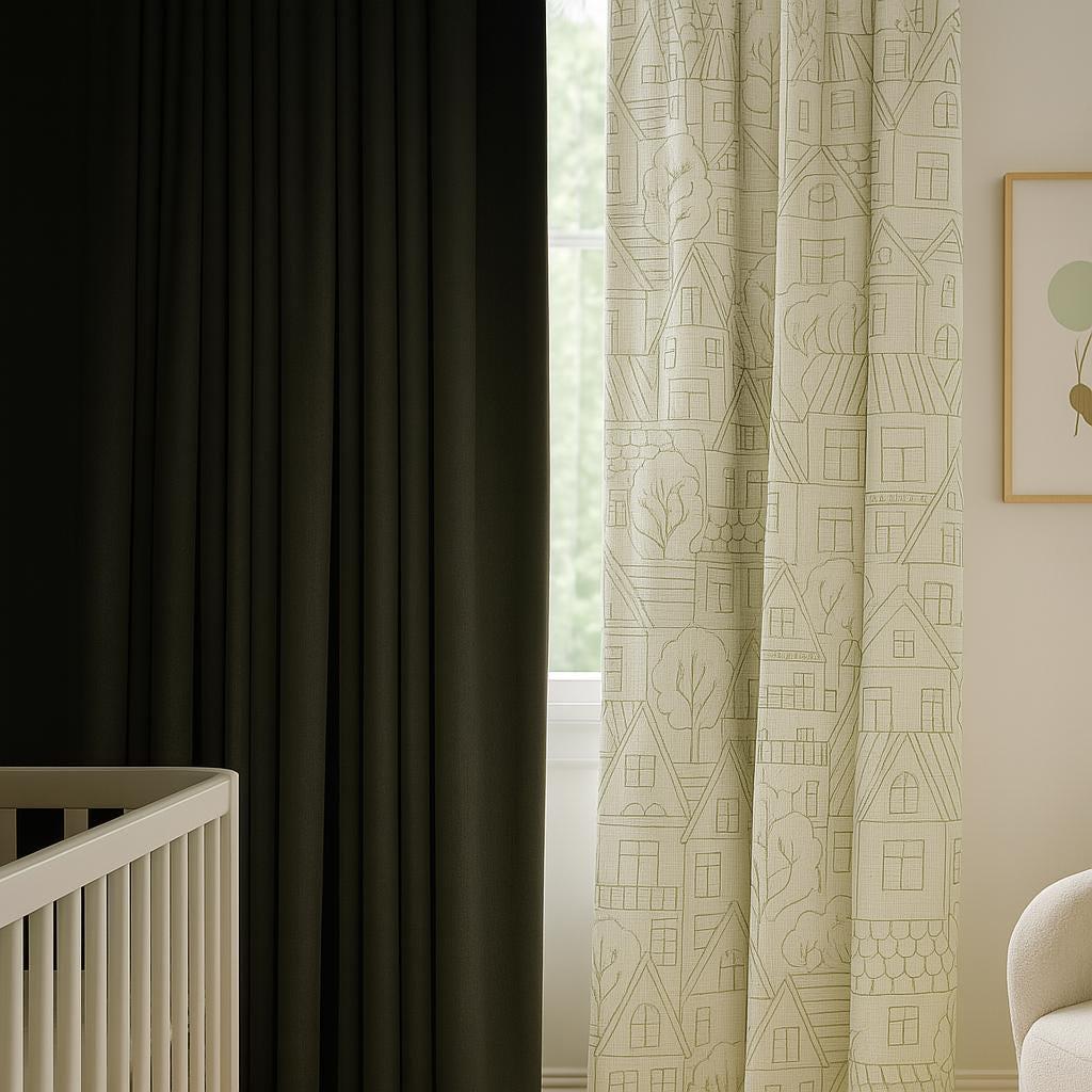 Embroidered Linen Curtains: White with Green Houses and Trees — image 7