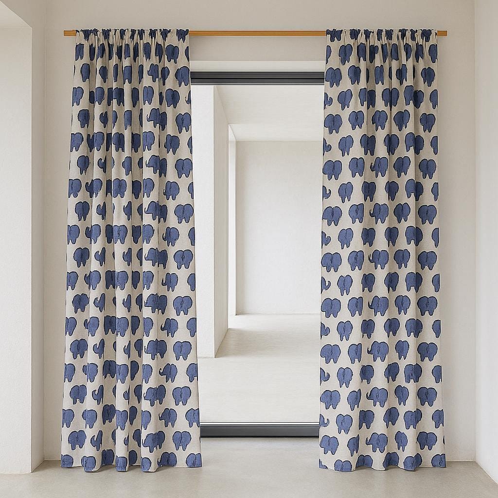 Hand Block Printed Elephant Curtains - Organic Cotton, Indigo Blue — image 8