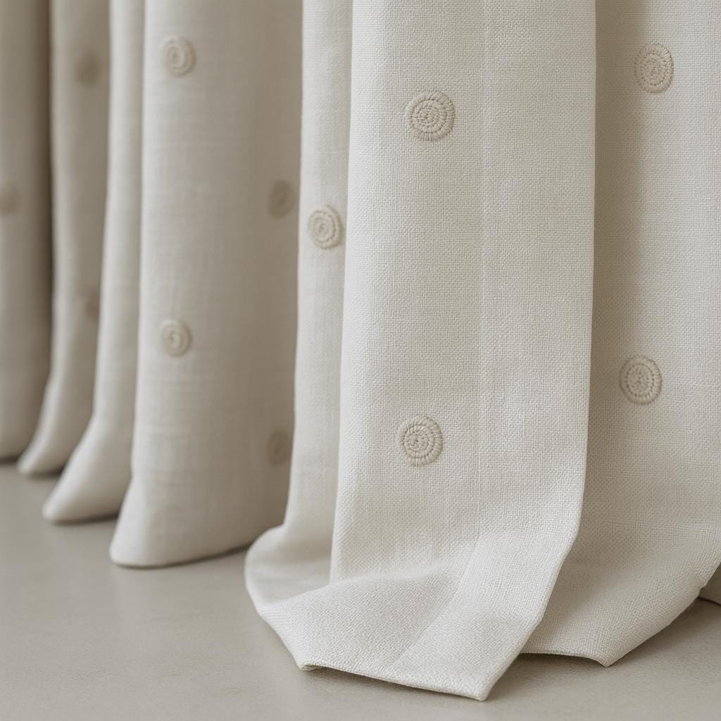 Organic Linen Curtains, Beige Spiral Dots Embroidery (Blackout or Light-Filtering) — image 1