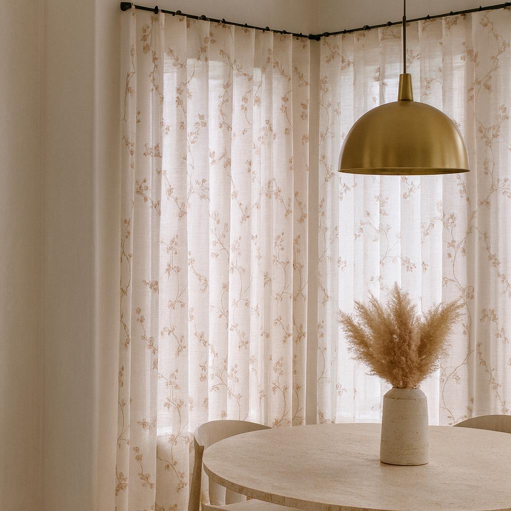 Dusty Pink Floral Linen Curtains - Sheer White, Ripple Fold Panels — image 4
