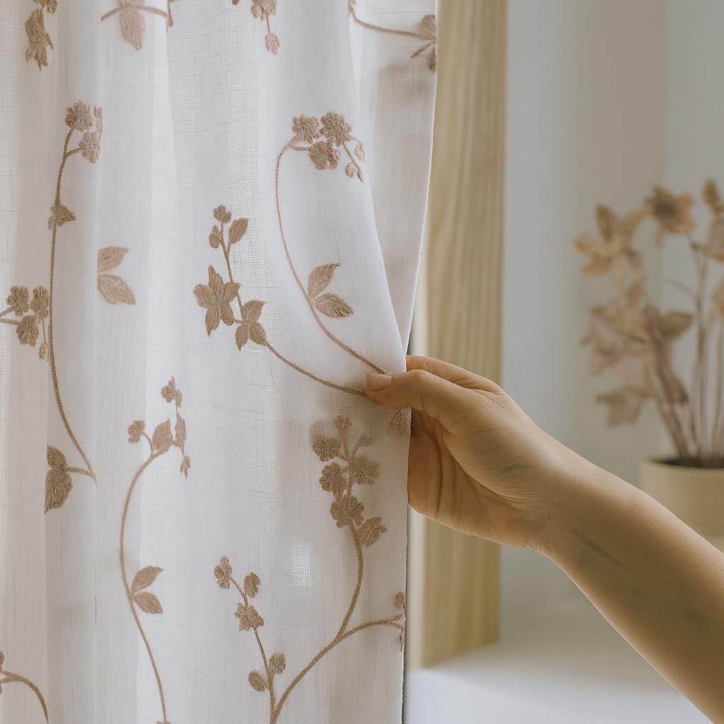 Dusty Pink Floral Linen Curtains - Sheer White, Ripple Fold Panels — image 6