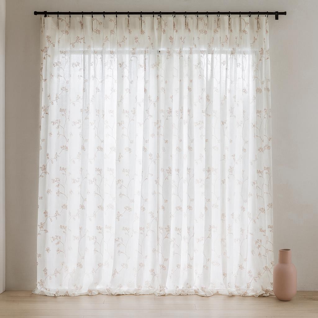 Dusty Pink Floral Linen Curtains - Sheer White, Ripple Fold Panels — image 7