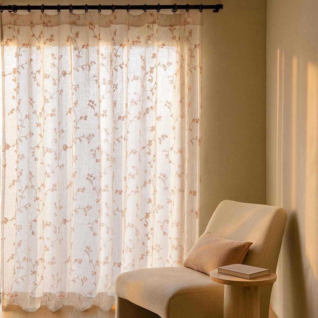 Dusty Pink Floral Linen Curtains - Sheer White, Ripple Fold Panels — image 10