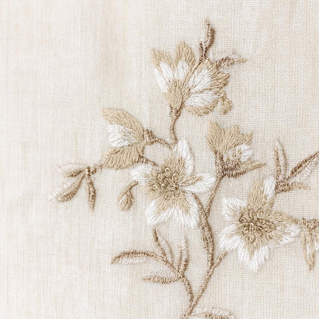 Embroidered Linen Sheer Curtains: Off-White with Neutral Floral Sprigs — image 1