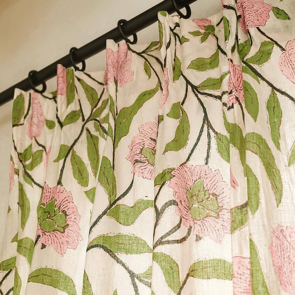 Pink Floral Curtains: Organic Cotton, Hand Block Printed — image 1