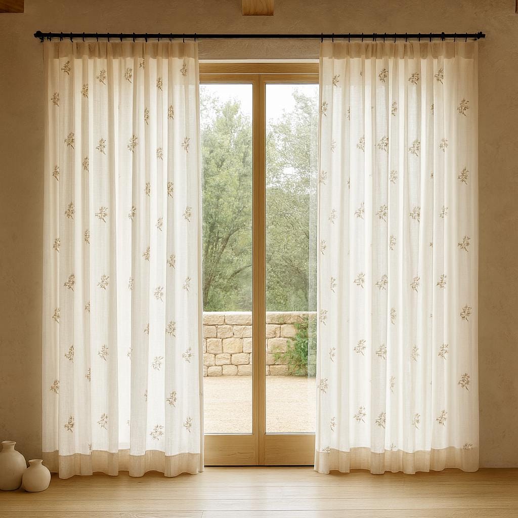 Embroidered Linen Sheer Curtains: Off-White with Neutral Floral Sprigs — image 3