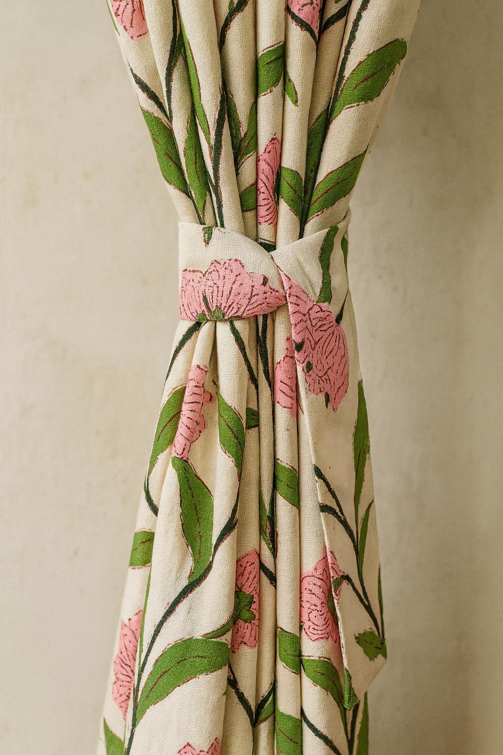 Pink Floral Curtains: Organic Cotton, Hand Block Printed — image 1
