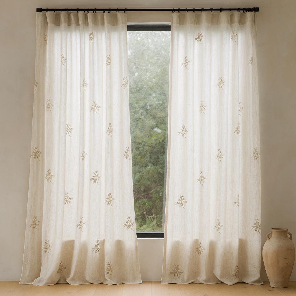 Embroidered Linen Sheer Curtains: Off-White with Neutral Floral Sprigs — image 5